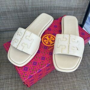 Tory Burch size 9 Double T Sport Ivory White Gold Nappa Leather Slides Sandals